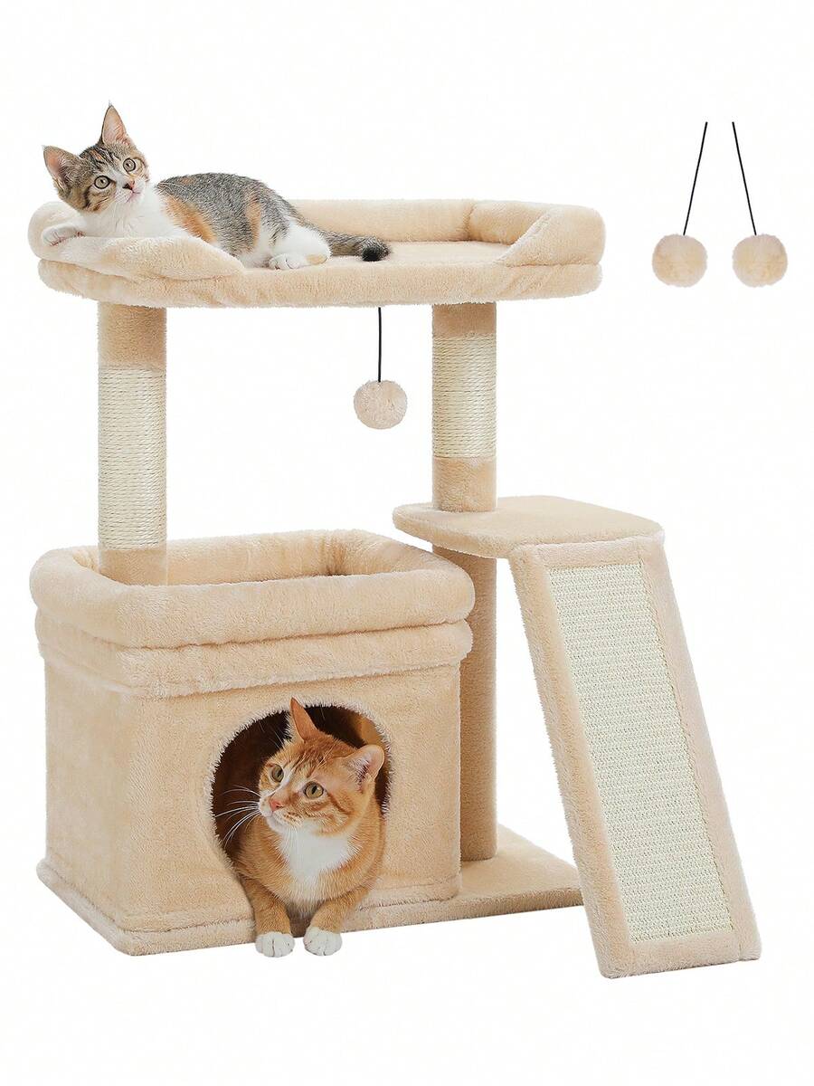Small vintage cat tree tower for indoor cats featuring a cozy cushioned top perch, soft cat condo, natural sisal scratching posts, and a scratching ladder.
