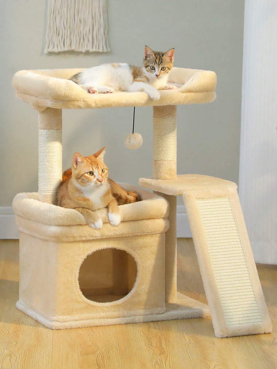 Small vintage cat tree tower for indoor cats featuring a cozy cushioned top perch, soft cat condo, natural sisal scratching posts, and a scratching ladder.