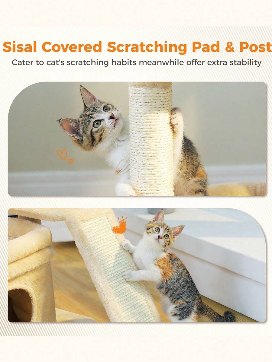 Small vintage cat tree tower for indoor cats featuring a cozy cushioned top perch, soft cat condo, natural sisal scratching posts, and a scratching ladder.