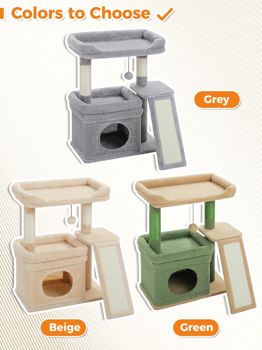 Small vintage cat tree tower for indoor cats featuring a cozy cushioned top perch, soft cat condo, natural sisal scratching posts, and a scratching ladder.