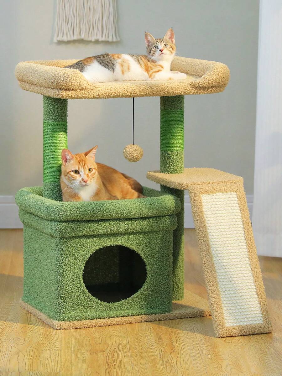 Small vintage cat tree tower for indoor cats featuring a cozy cushioned top perch, soft cat condo, natural sisal scratching posts, and a scratching ladder.