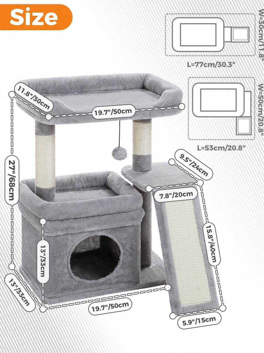 Small vintage cat tree tower for indoor cats featuring a cozy cushioned top perch, soft cat condo, natural sisal scratching posts, and a scratching ladder.