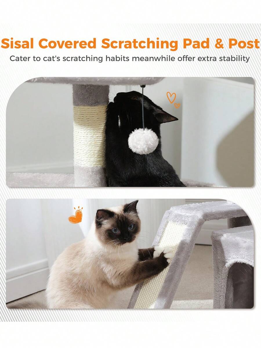 Small vintage cat tree tower for indoor cats featuring a cozy cushioned top perch, soft cat condo, natural sisal scratching posts, and a scratching ladder.