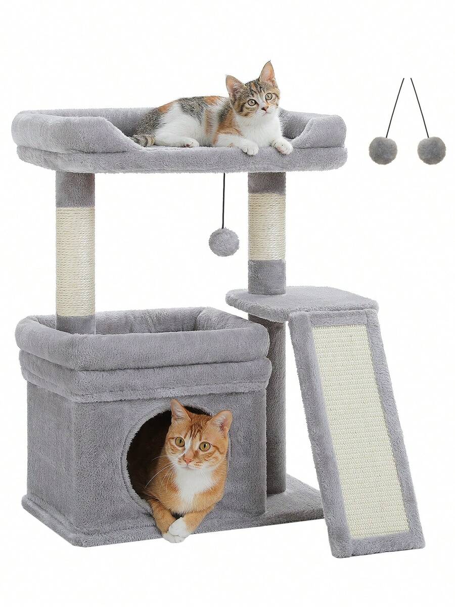 Small vintage cat tree tower for indoor cats featuring a cozy cushioned top perch, soft cat condo, natural sisal scratching posts, and a scratching ladder.