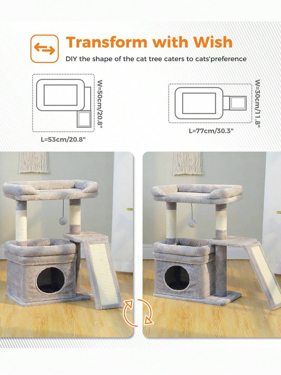 Small vintage cat tree tower for indoor cats featuring a cozy cushioned top perch, soft cat condo, natural sisal scratching posts, and a scratching ladder.