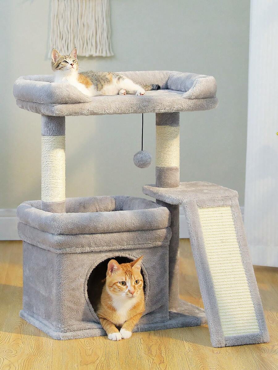 Small vintage cat tree tower for indoor cats featuring a cozy cushioned top perch, soft cat condo, natural sisal scratching posts, and a scratching ladder.