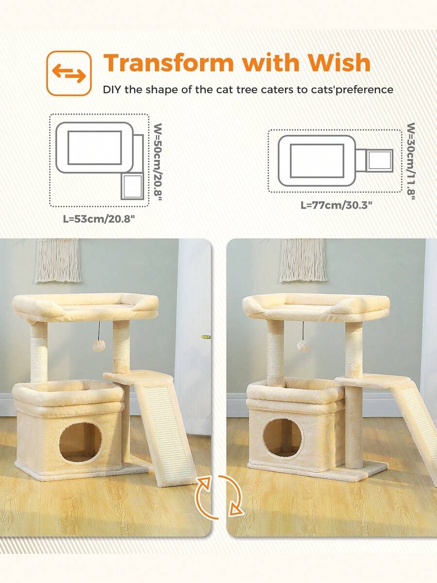 Small vintage cat tree tower for indoor cats featuring a cozy cushioned top perch, soft cat condo, natural sisal scratching posts, and a scratching ladder.