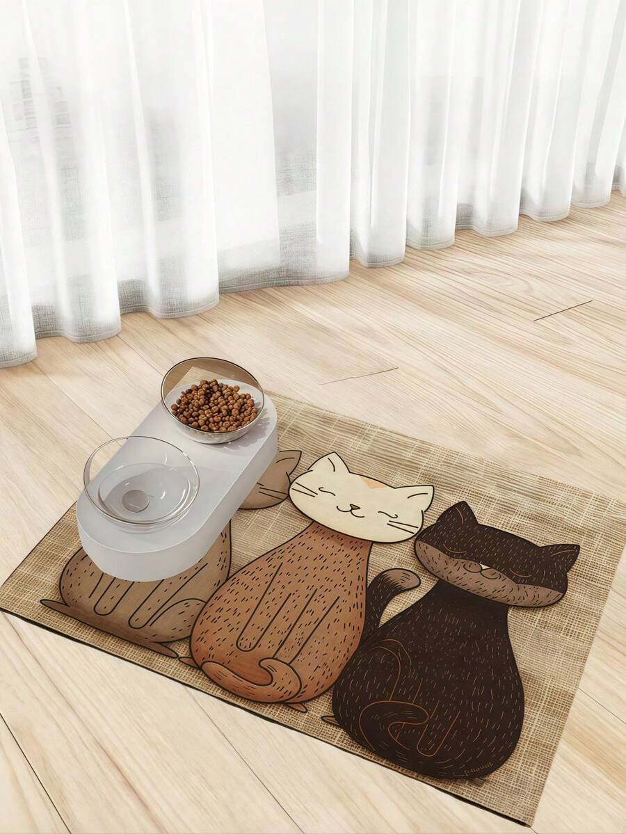 Multicolor geometric cats printed pet food mat with non-slip rubber backing placed under pet feeding bowls.