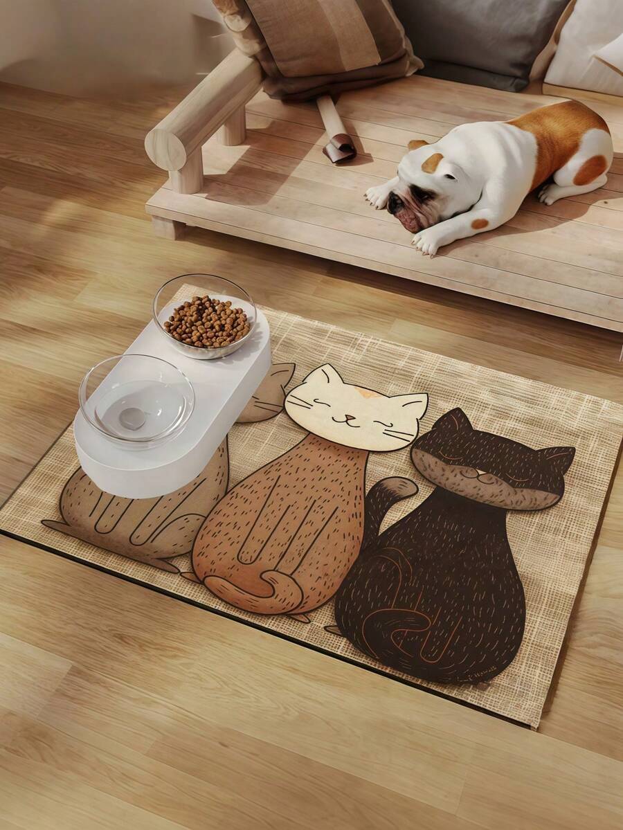 Multicolor geometric cats printed pet food mat with non-slip rubber backing placed under pet feeding bowls.