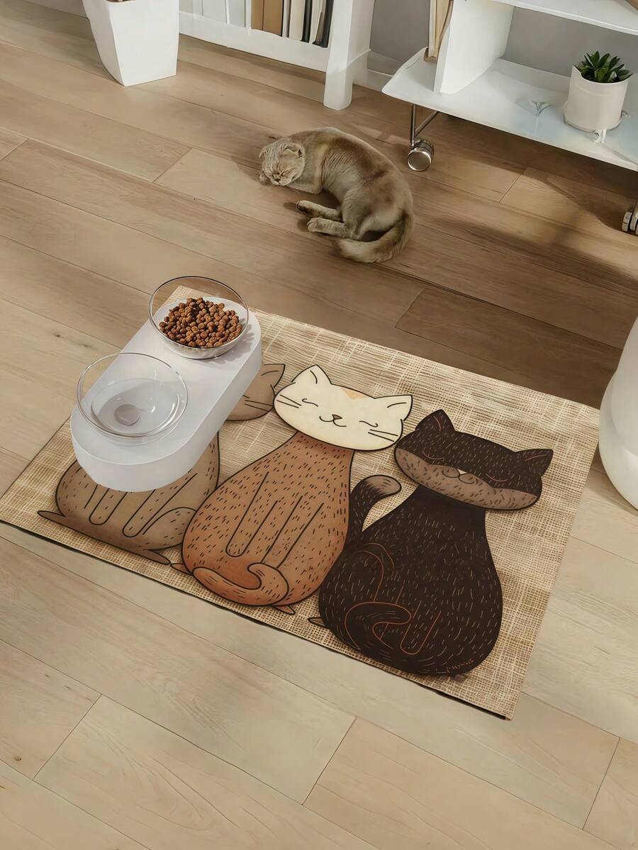 Multicolor geometric cats printed pet food mat with non-slip rubber backing placed under pet feeding bowls.