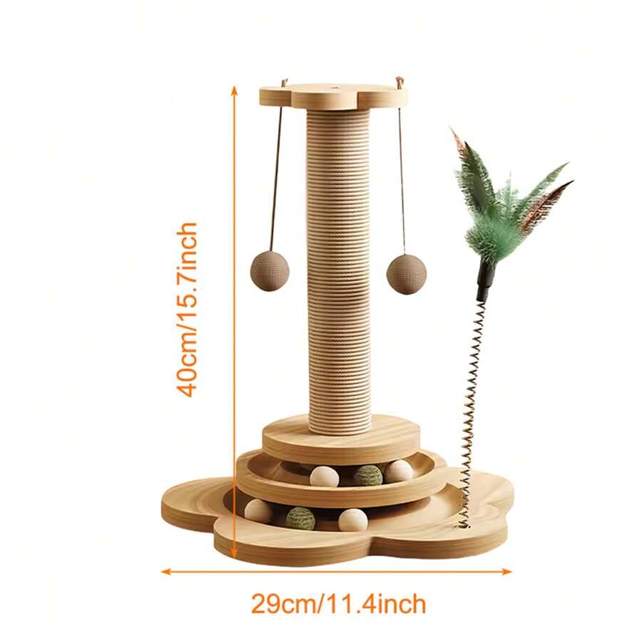 Solid wood cat claw pole and activity center in natural wood color with hemp rope, catnip ball, feather toy, and multi-layer platform for indoor cats.