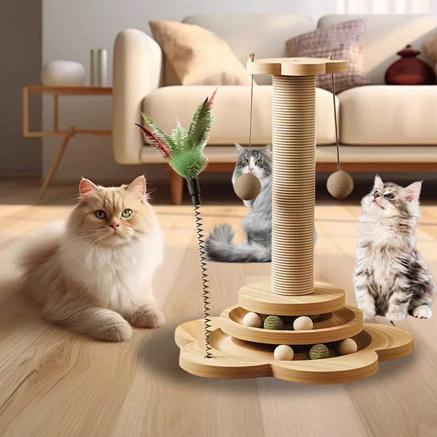 Solid wood cat claw pole and activity center in natural wood color with hemp rope, catnip ball, feather toy, and multi-layer platform for indoor cats.