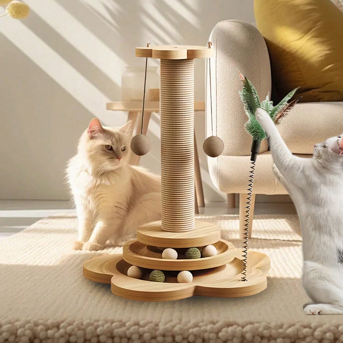 Solid wood cat claw pole and activity center in natural wood color with hemp rope, catnip ball, feather toy, and multi-layer platform for indoor cats.