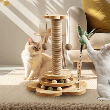 Solid wood cat claw pole and activity center in natural wood color with hemp rope, catnip ball, feather toy, and multi-layer platform for indoor cats.