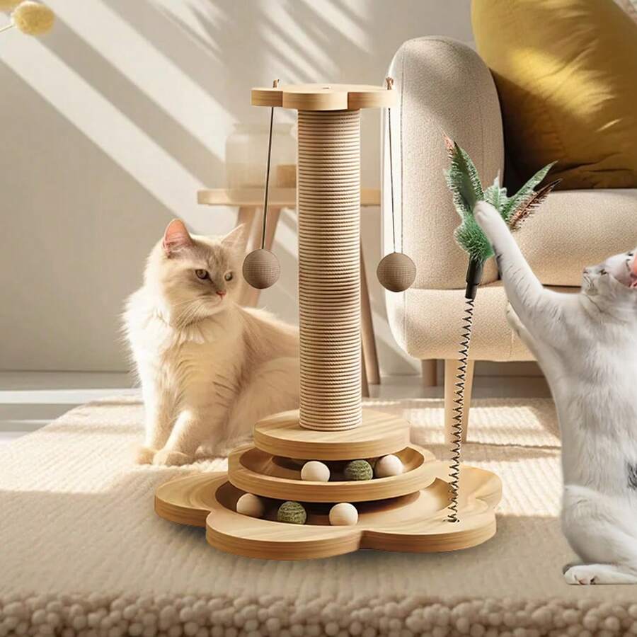 Solid wood cat claw pole and activity center in natural wood color with hemp rope, catnip ball, feather toy, and multi-layer platform for indoor cats.