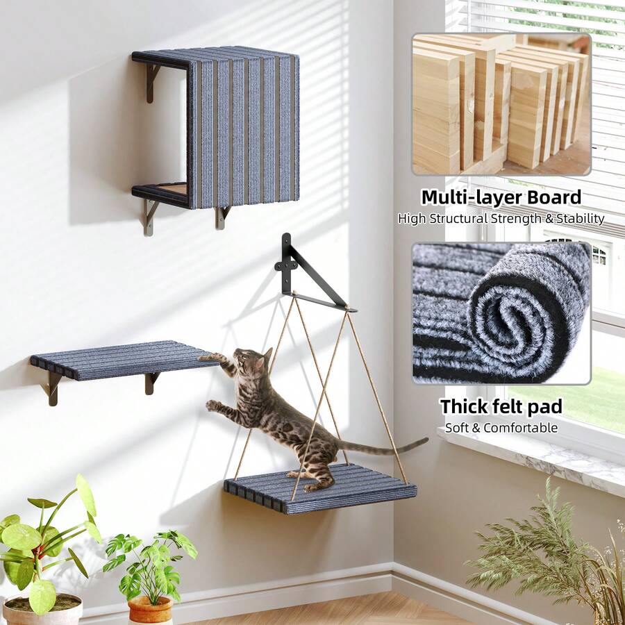 Wall mounted grey wooden cat furniture set featuring a cat house, wooden bridge, climbing steps, and scratcher board for indoor cats.