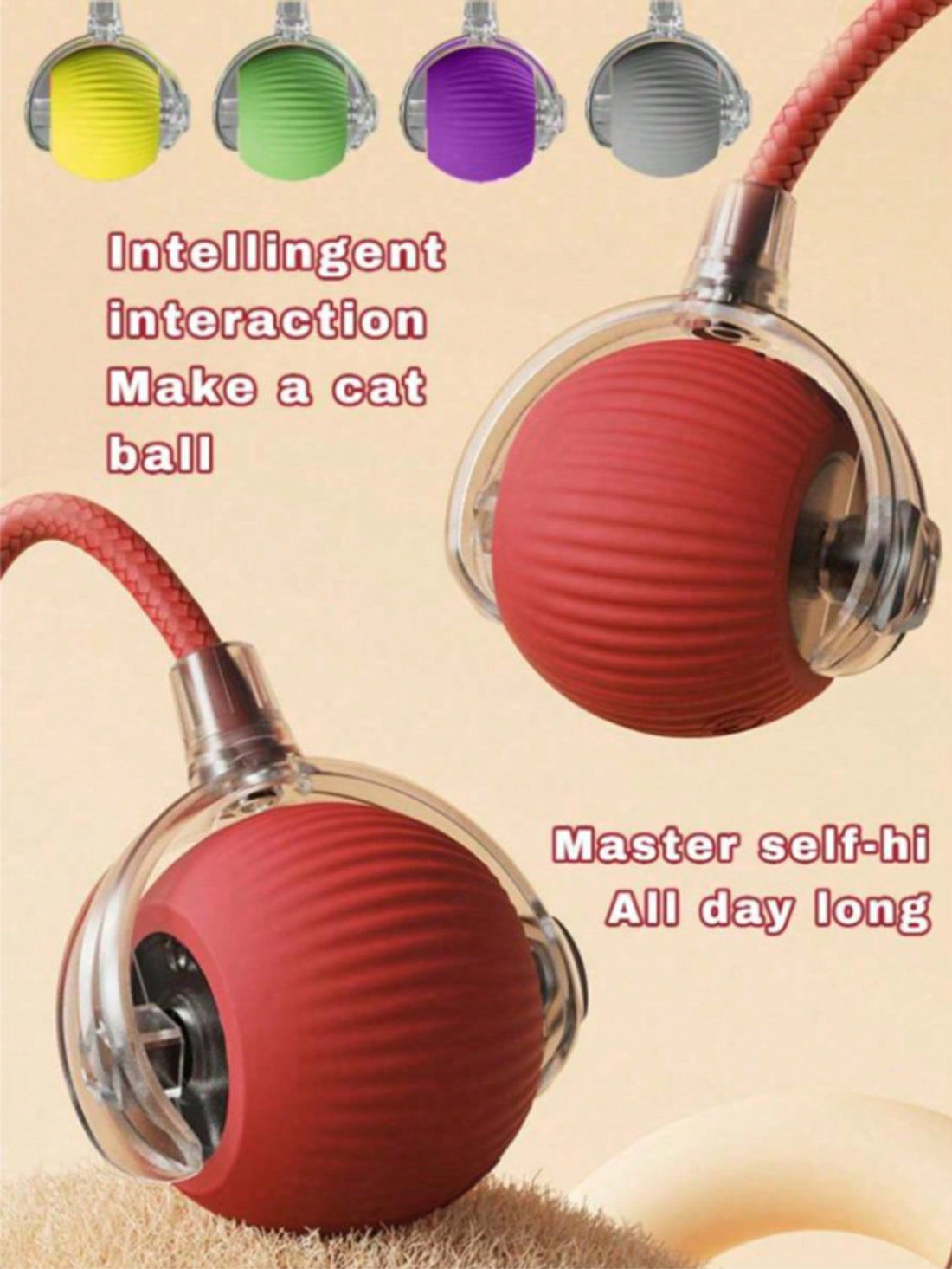 1 Piece USB Rechargeable Interactive Toy Ball For Cats, Auto Electric Rolling Ball As Birthday Gift For Dogs/Cats, Auto Smart Chewable Toy With Tail, Unicolor Smart Ball Tied To Harness, Interactive Cat Ball Toy, Indoor Cat Toy