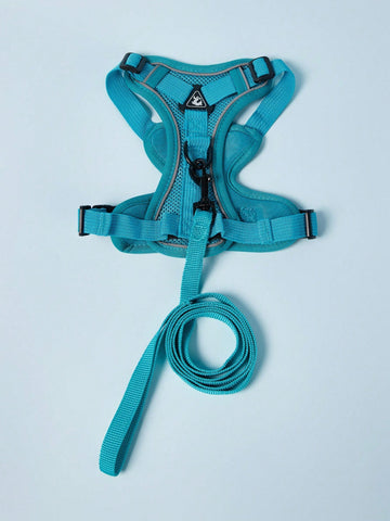 Green reflective pet harness and leash set for dog and cat, adjustable escape-proof polyester harness with soft mesh and plain design