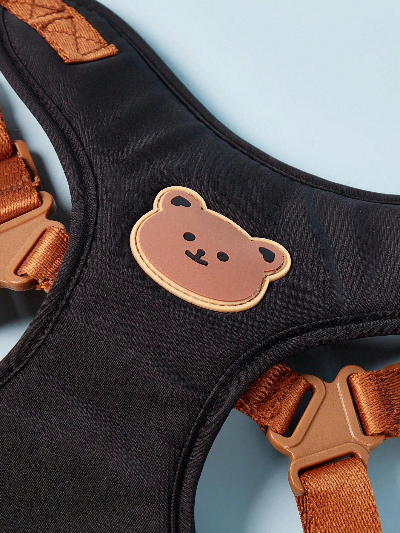 Black polyester dog harness and leash set with cute bear animal cartoon design for small breed dogs such as poodles, suitable for outdoor walks.