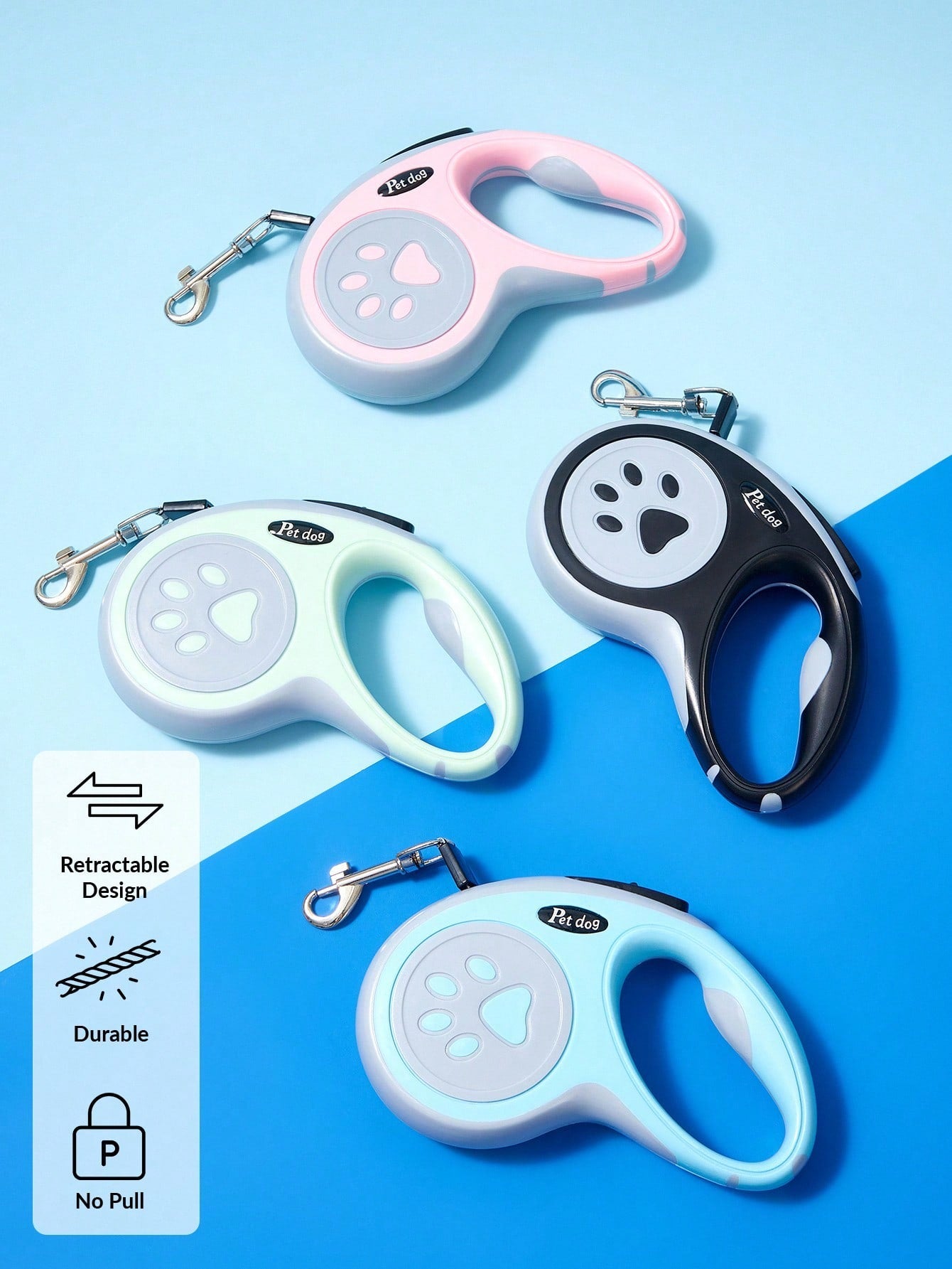 Multicolor retractable dog leash with cartoon and colorblock pattern, ABS body, available in 3m/5m length for small and medium dogs