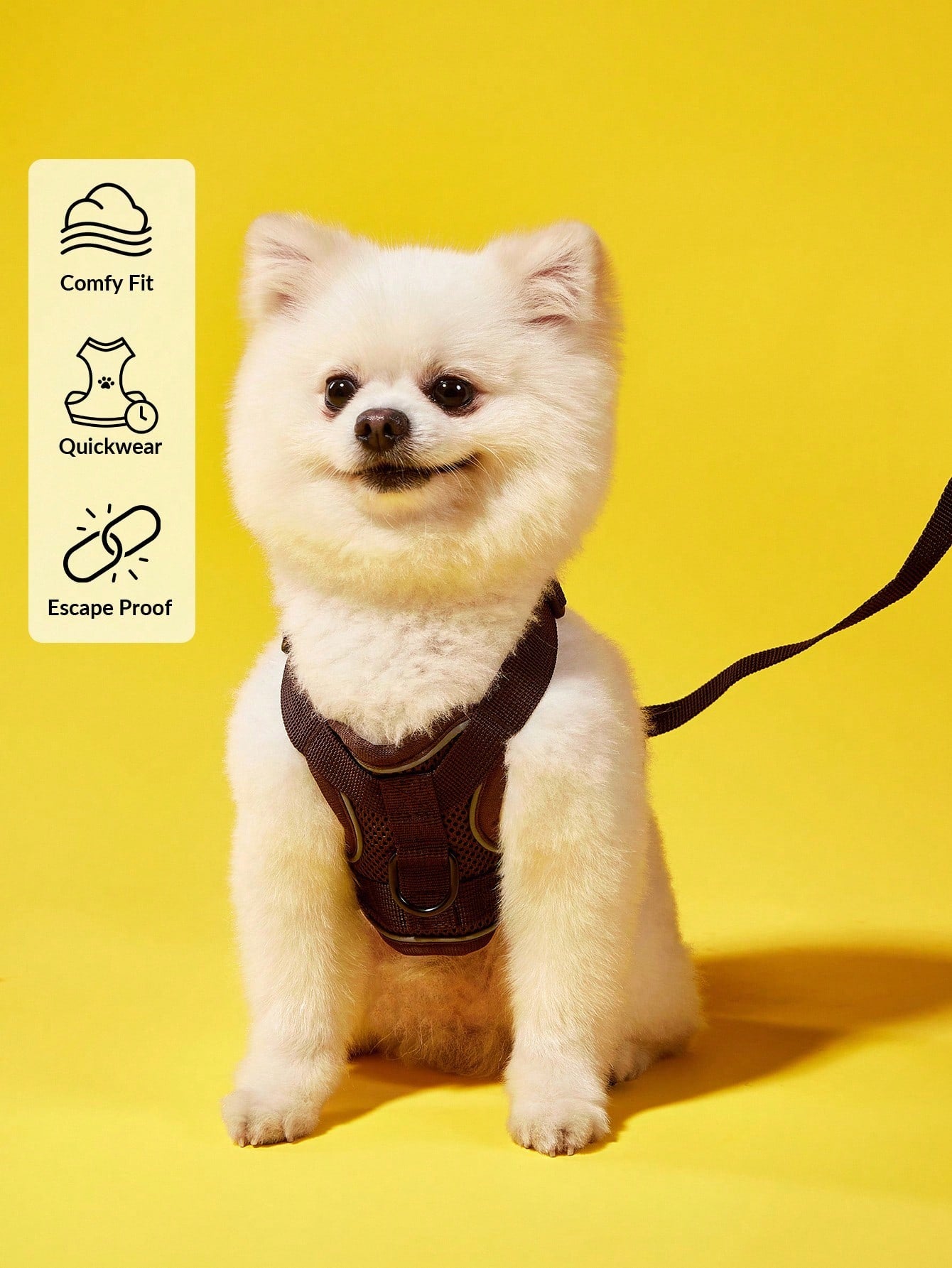 Coffee brown reflective pet harness and leash set for cat or dog with adjustable escape-proof soft mesh design
