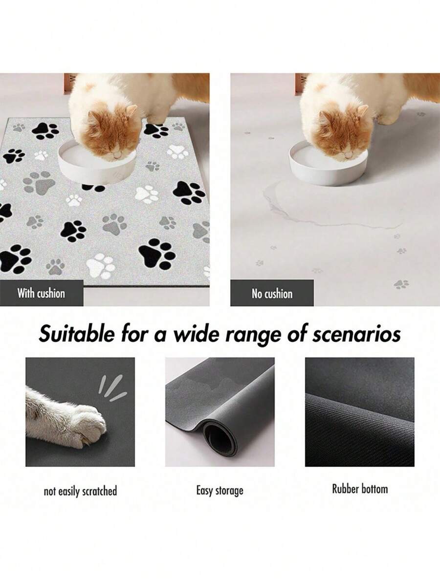 Black and white cartoon diatomite pet feeding mat placed under dog and cat food and water bowls to catch spills.