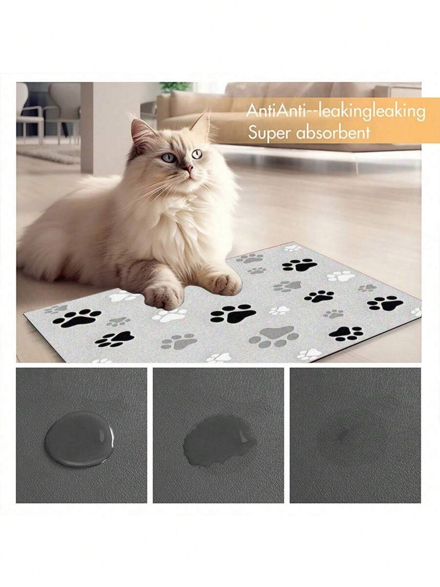 Black and white cartoon diatomite pet feeding mat placed under dog and cat food and water bowls to catch spills.