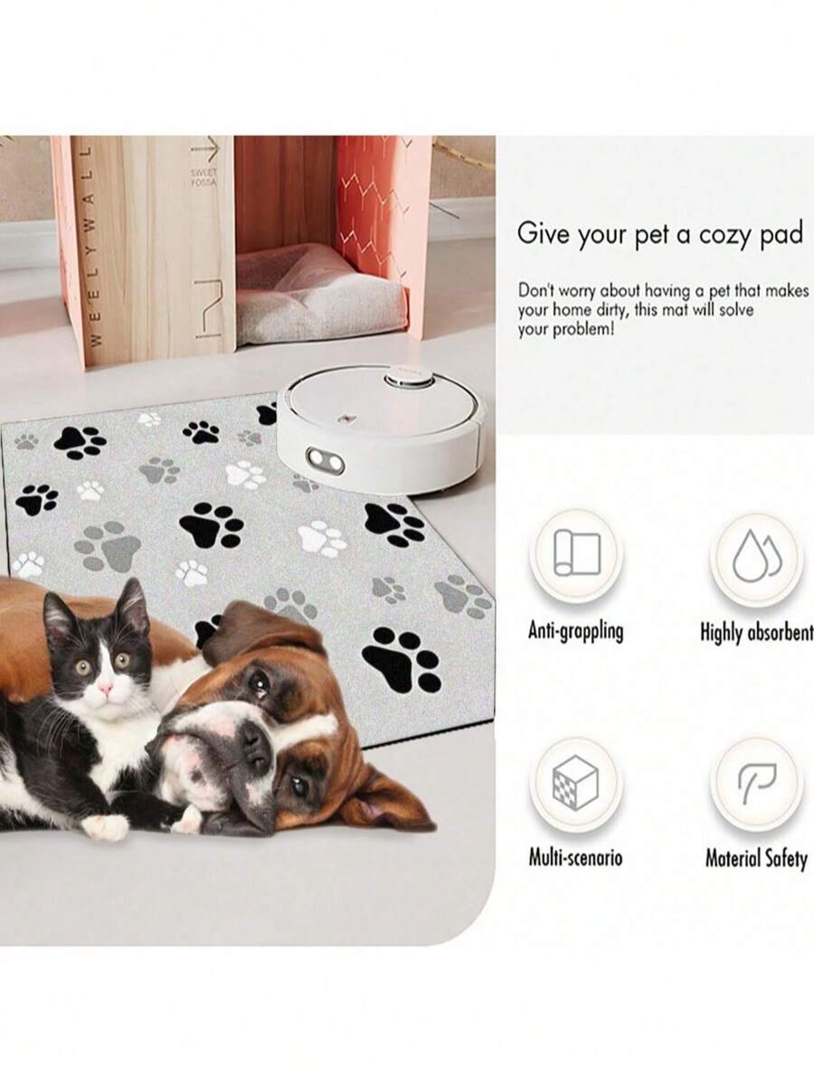 Black and white cartoon diatomite pet feeding mat placed under dog and cat food and water bowls to catch spills.
