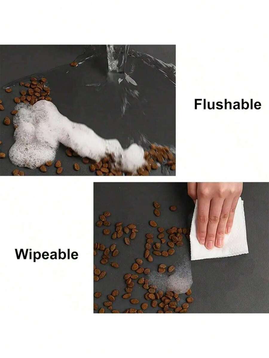 Black and white cartoon diatomite pet feeding mat placed under dog and cat food and water bowls to catch spills.