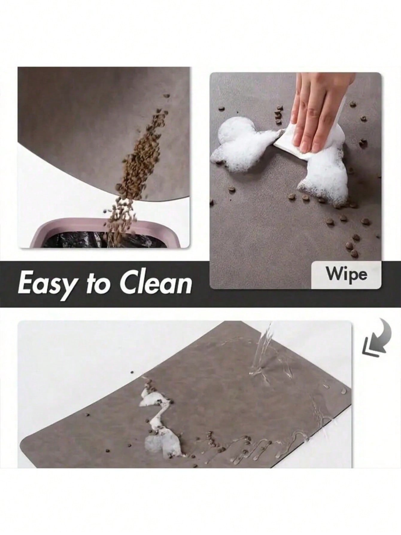 Black and white cartoon diatomite pet feeding mat placed under dog and cat food and water bowls to catch spills.