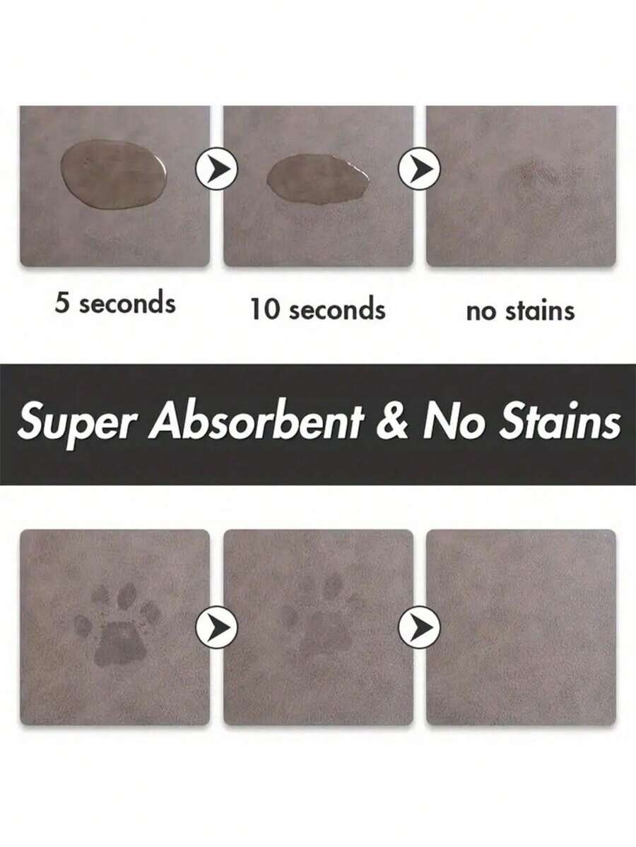 Black and white cartoon diatomite pet feeding mat placed under dog and cat food and water bowls to catch spills.