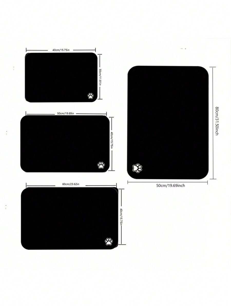 Black and white cartoon diatomite pet feeding mat placed under dog and cat food and water bowls to catch spills.