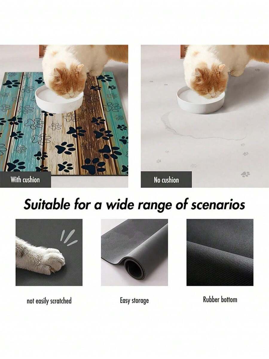 Black and white cartoon diatomite pet feeding mat placed under dog and cat food and water bowls to catch spills.