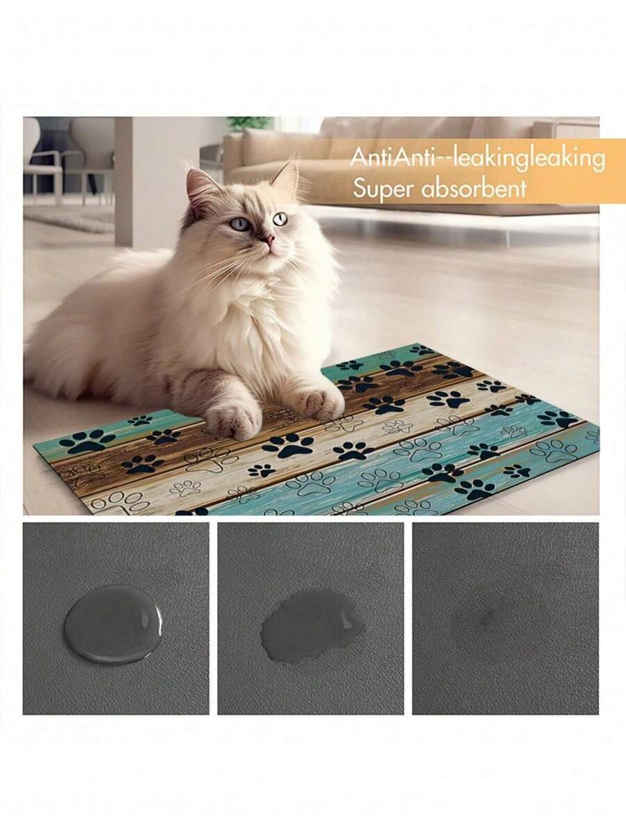 Black and white cartoon diatomite pet feeding mat placed under dog and cat food and water bowls to catch spills.