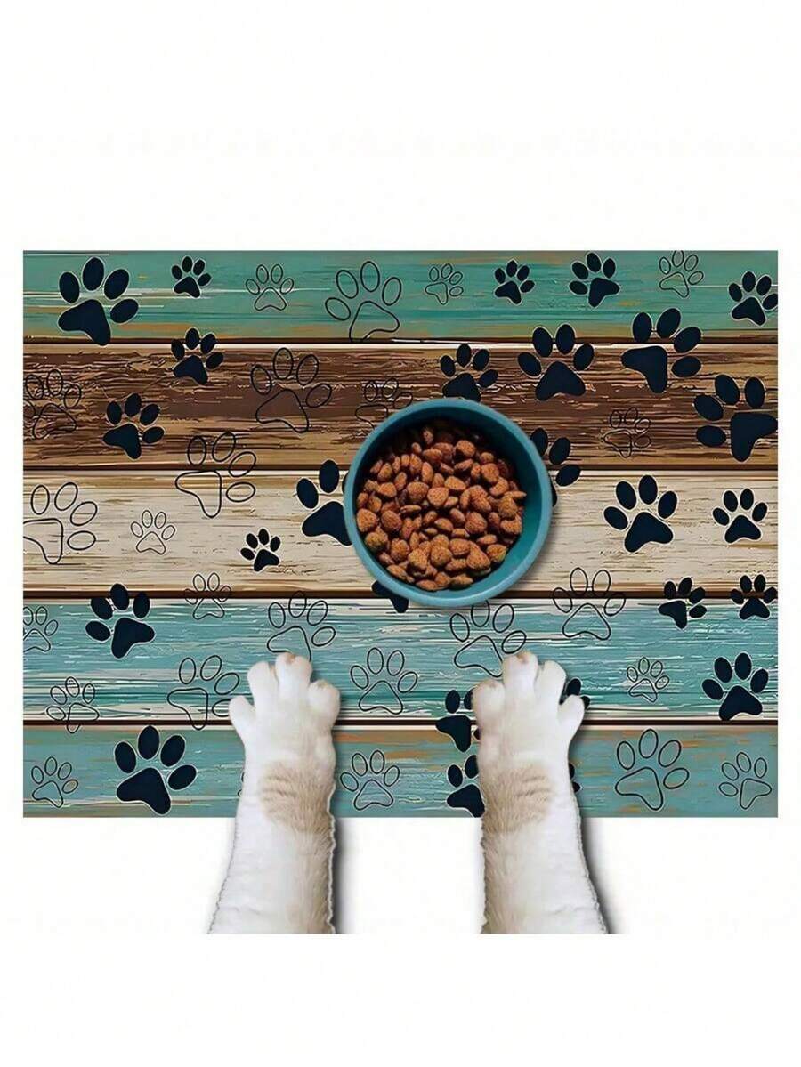Black and white cartoon diatomite pet feeding mat placed under dog and cat food and water bowls to catch spills.