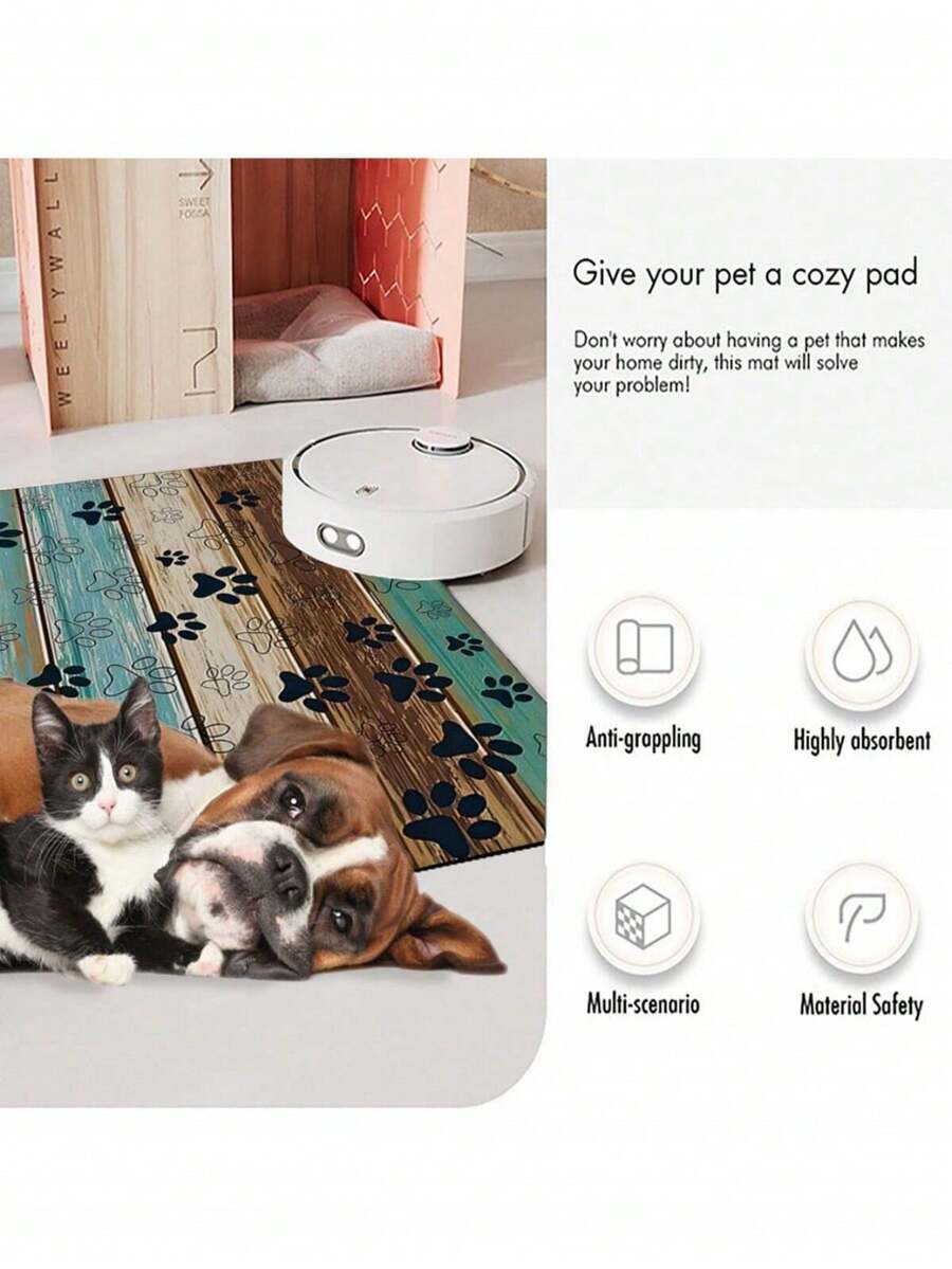 Black and white cartoon diatomite pet feeding mat placed under dog and cat food and water bowls to catch spills.