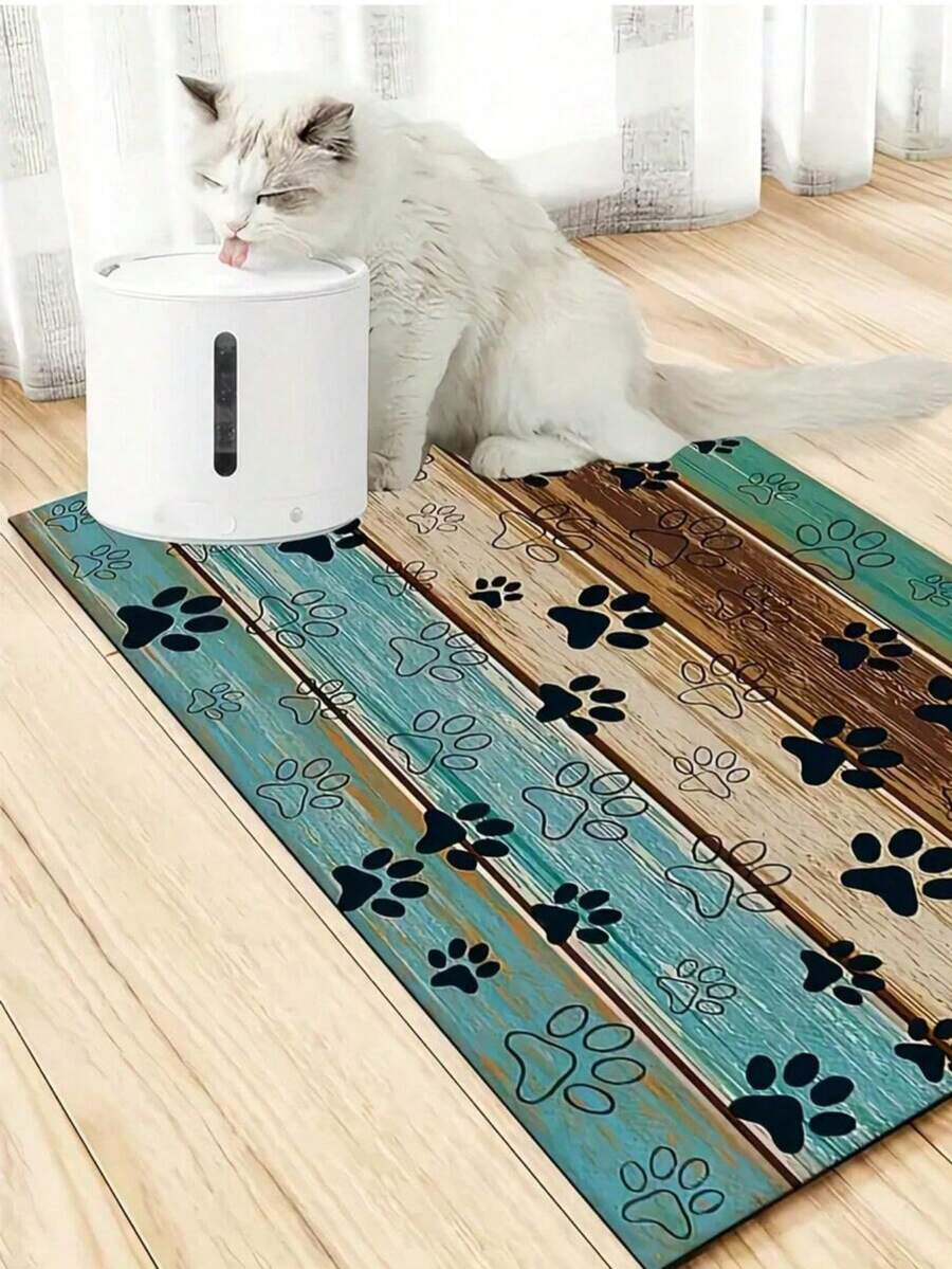 Black and white cartoon diatomite pet feeding mat placed under dog and cat food and water bowls to catch spills.