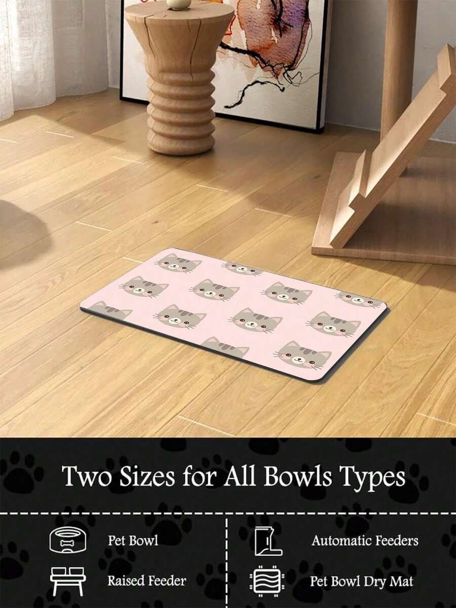 Black and white cartoon diatomite pet feeding mat placed under dog and cat food and water bowls to catch spills.