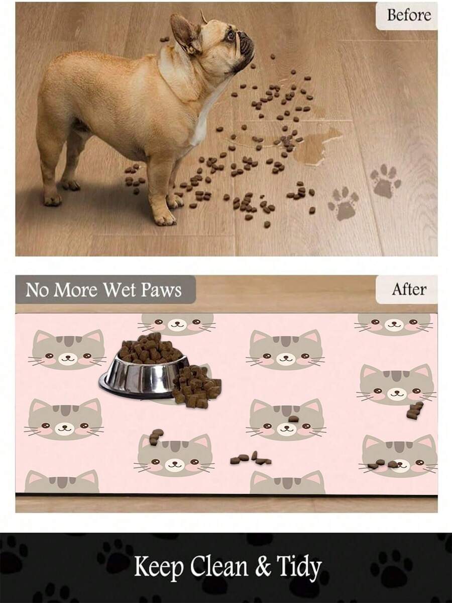 Black and white cartoon diatomite pet feeding mat placed under dog and cat food and water bowls to catch spills.