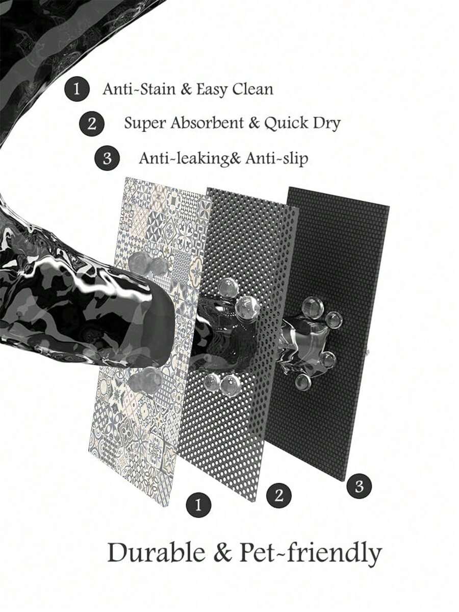 Black and white cartoon diatomite pet feeding mat placed under dog and cat food and water bowls to catch spills.