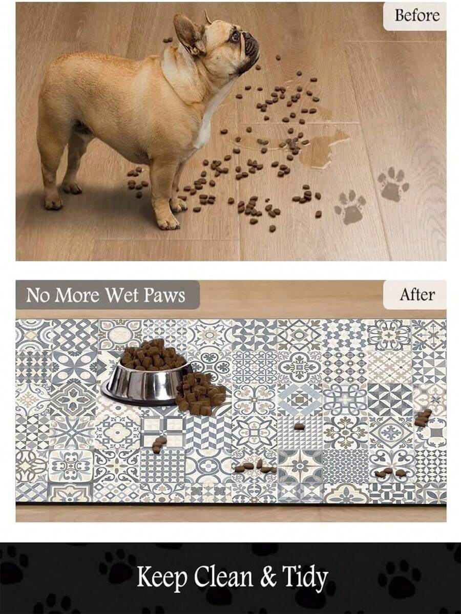 Black and white cartoon diatomite pet feeding mat placed under dog and cat food and water bowls to catch spills.