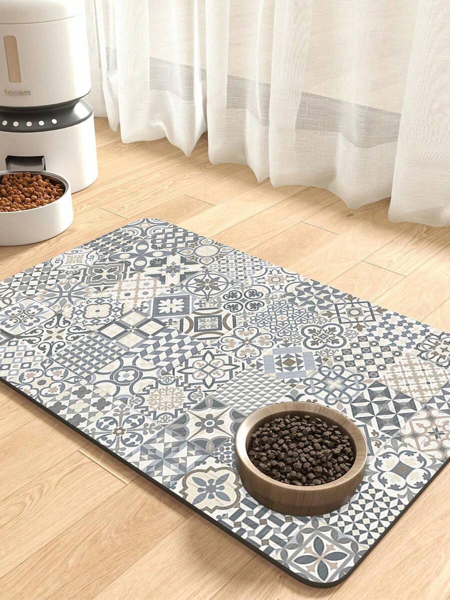 Black and white cartoon diatomite pet feeding mat placed under dog and cat food and water bowls to catch spills.