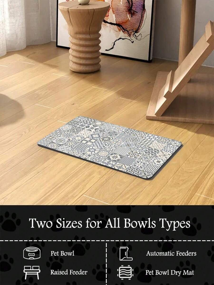 Black and white cartoon diatomite pet feeding mat placed under dog and cat food and water bowls to catch spills.