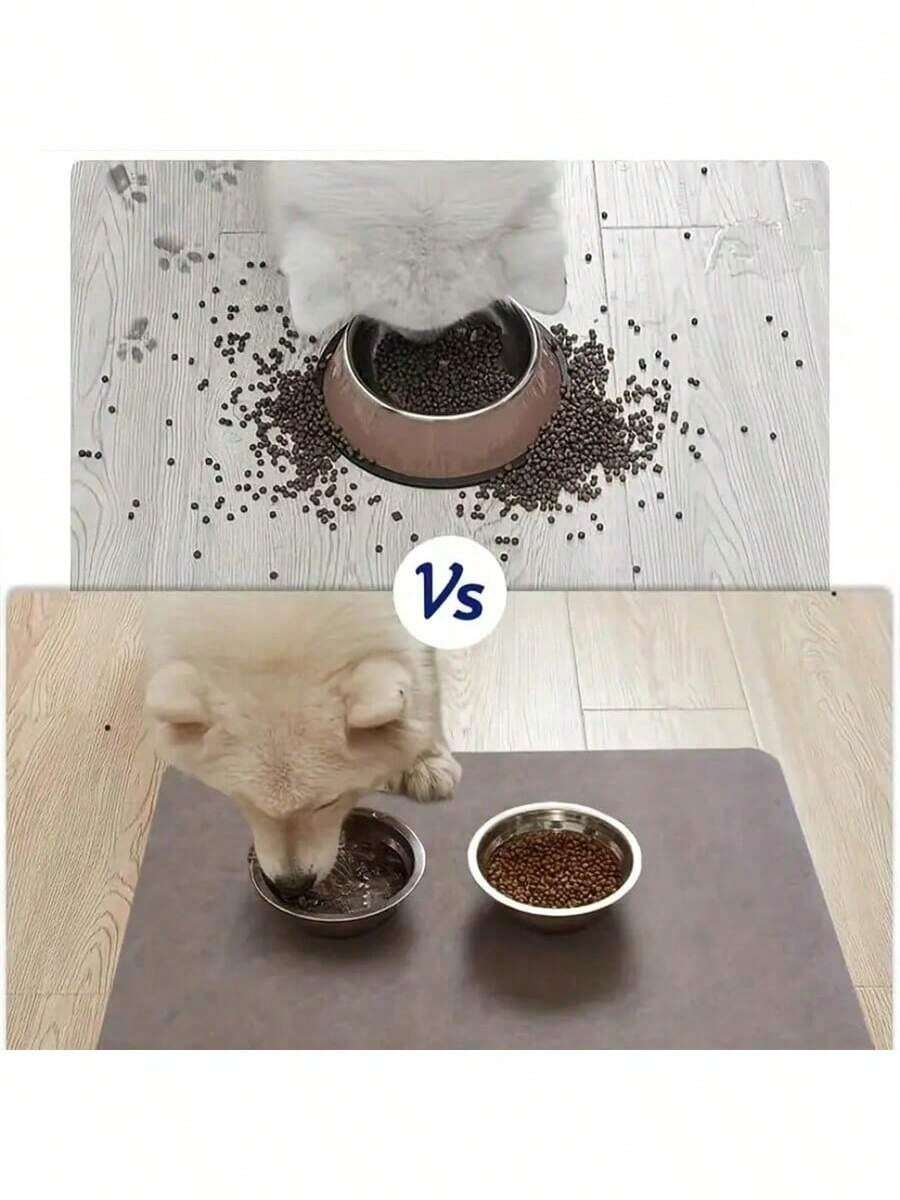 Black and white cartoon diatomite pet feeding mat placed under dog and cat food and water bowls to catch spills.