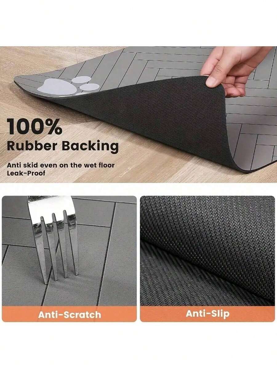 Black and white cartoon diatomite pet feeding mat placed under dog and cat food and water bowls to catch spills.