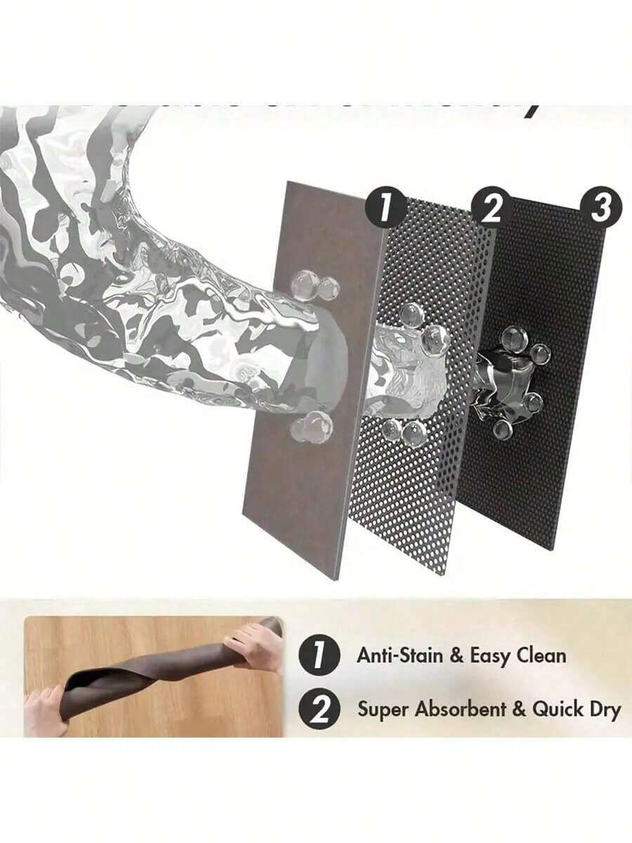 Black and white cartoon diatomite pet feeding mat placed under dog and cat food and water bowls to catch spills.