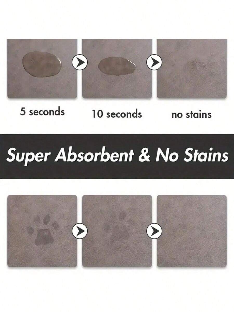 Black and white cartoon diatomite pet feeding mat placed under dog and cat food and water bowls to catch spills.