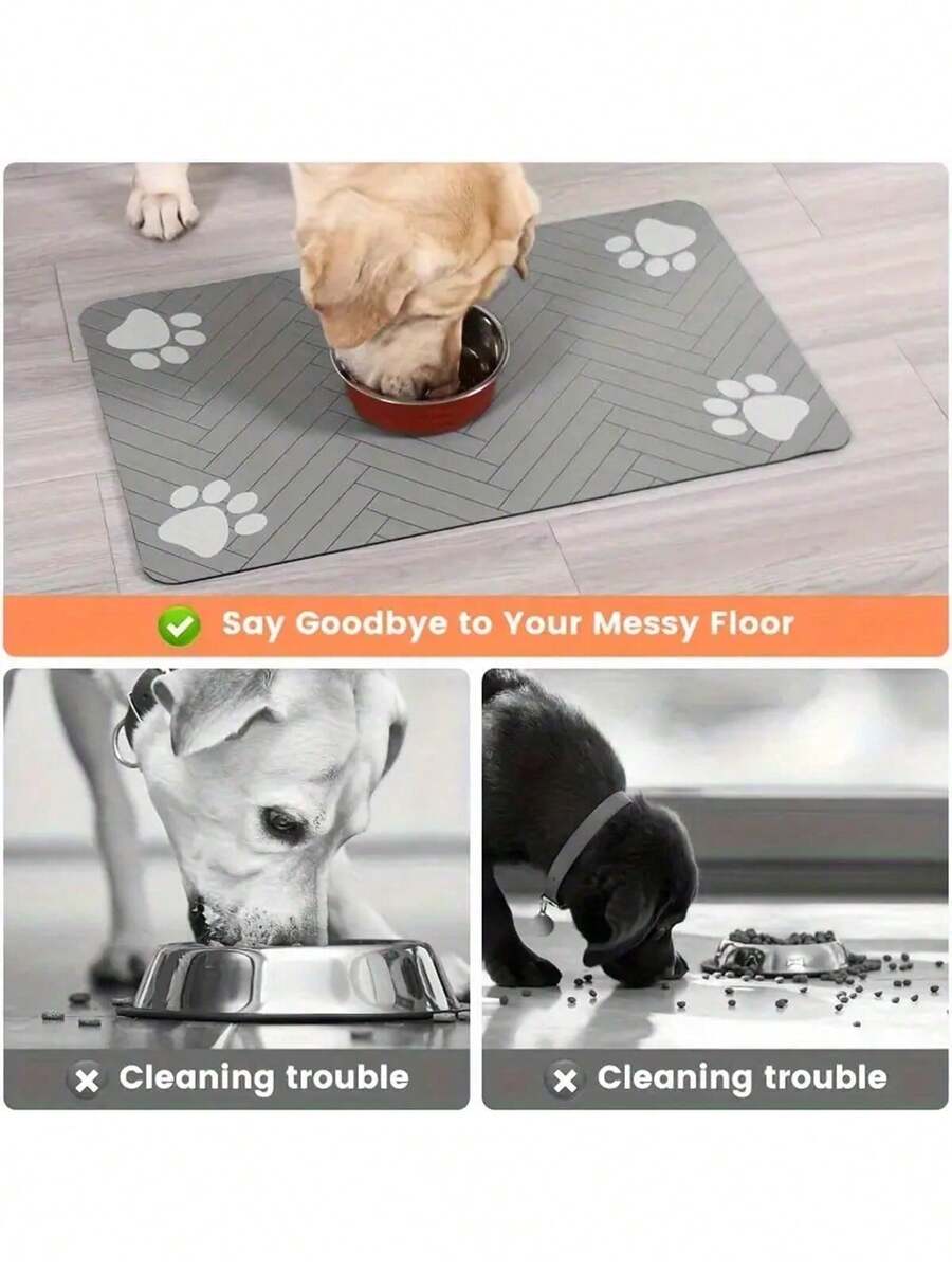 Black and white cartoon diatomite pet feeding mat placed under dog and cat food and water bowls to catch spills.