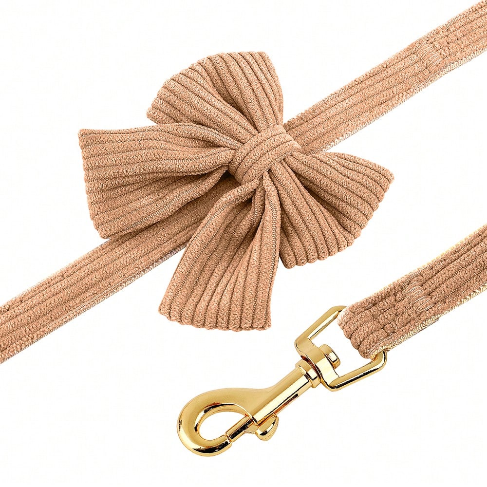 Rose red velvet bow dog collar, leash, and harness set for cats and dogs, made with polyester for everyday pet walks and styling.