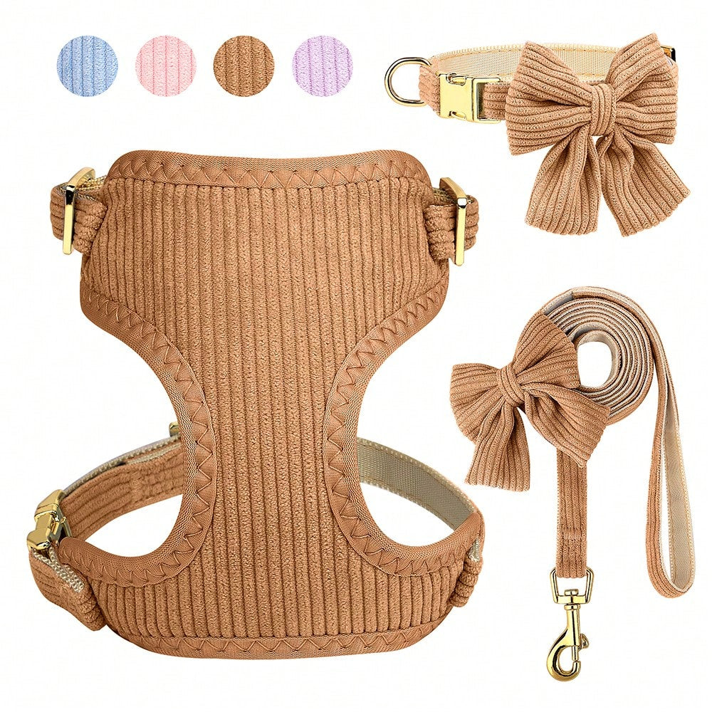 Rose red velvet bow dog collar, leash, and harness set for cats and dogs, made with polyester for everyday pet walks and styling.